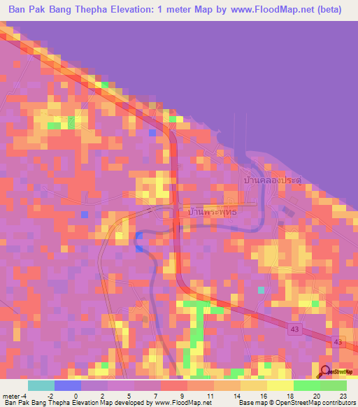Ban Pak Bang Thepha,Thailand Elevation Map