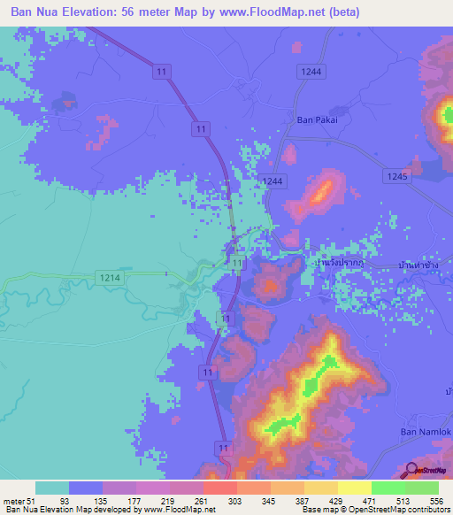Ban Nua,Thailand Elevation Map