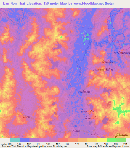 Ban Non Thai,Thailand Elevation Map