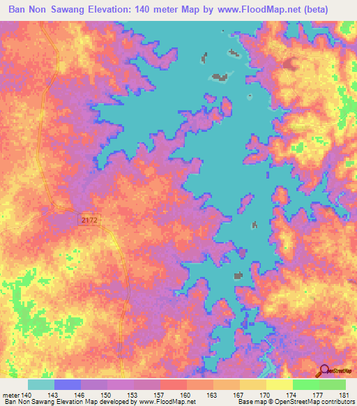 Ban Non Sawang,Thailand Elevation Map