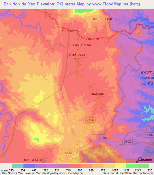 Ban Non Na Yao,Thailand Elevation Map