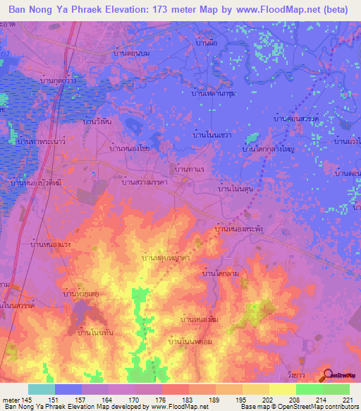 Ban Nong Ya Phraek,Thailand Elevation Map