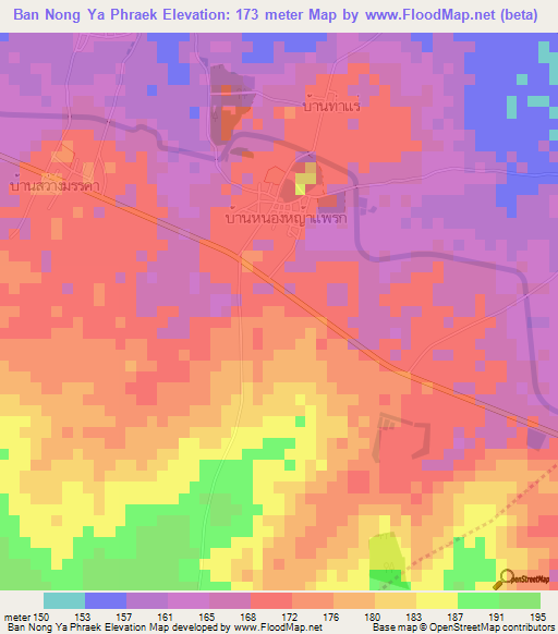 Ban Nong Ya Phraek,Thailand Elevation Map