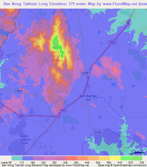 Ban Nong Takhian Long,Thailand Elevation Map