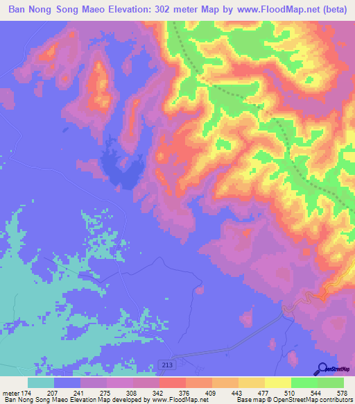 Ban Nong Song Maeo,Thailand Elevation Map