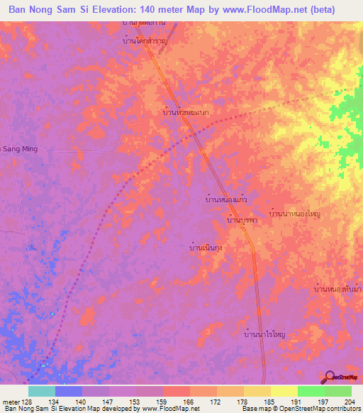 Ban Nong Sam Si,Thailand Elevation Map