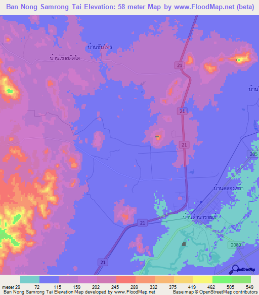 Ban Nong Samrong Tai,Thailand Elevation Map