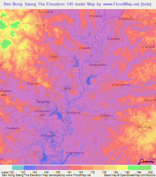 Ban Nong Saeng Tha,Thailand Elevation Map
