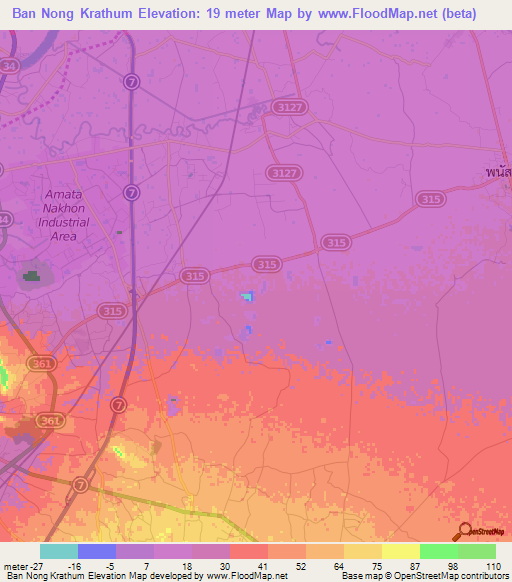 Ban Nong Krathum,Thailand Elevation Map