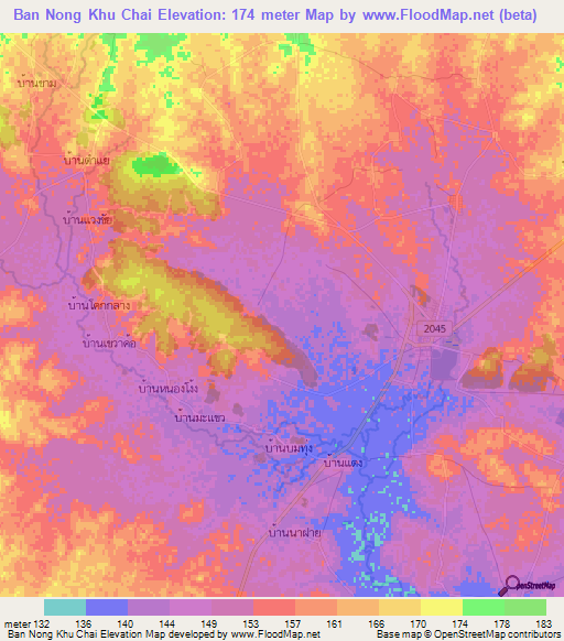 Ban Nong Khu Chai,Thailand Elevation Map