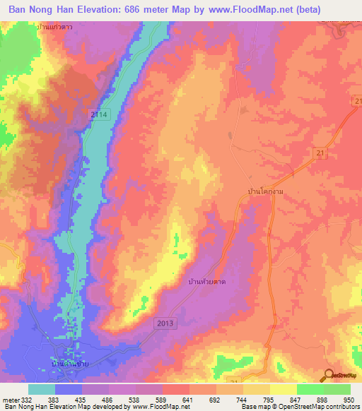 Ban Nong Han,Thailand Elevation Map