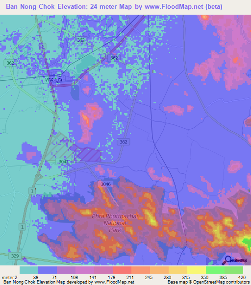 Ban Nong Chok,Thailand Elevation Map