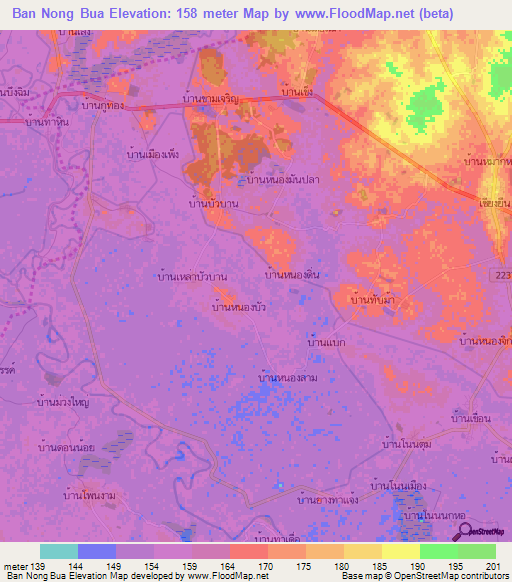 Ban Nong Bua,Thailand Elevation Map