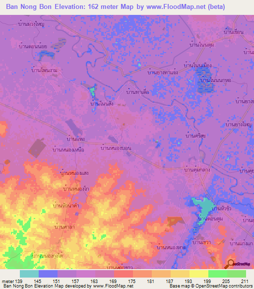 Ban Nong Bon,Thailand Elevation Map