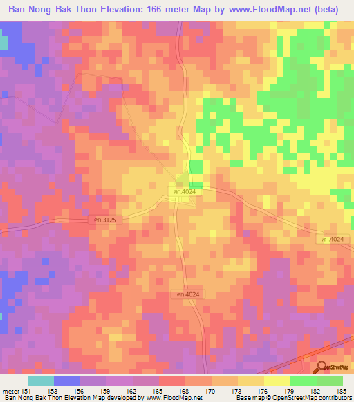 Ban Nong Bak Thon,Thailand Elevation Map