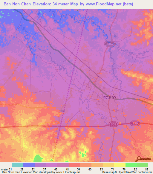 Ban Non Chan,Thailand Elevation Map