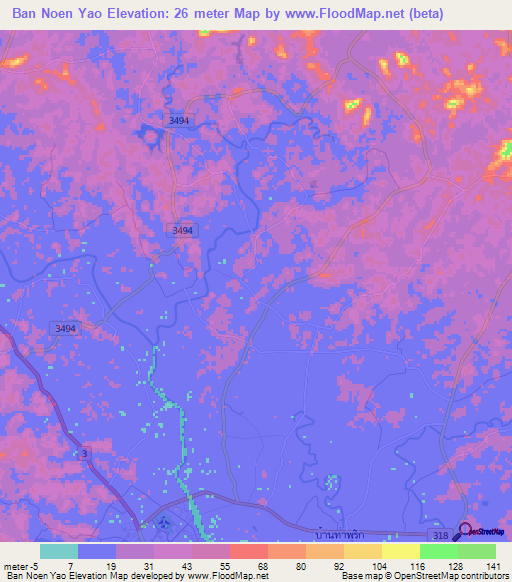 Ban Noen Yao,Thailand Elevation Map