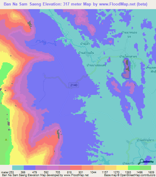 Ban Na Sam Saeng,Thailand Elevation Map