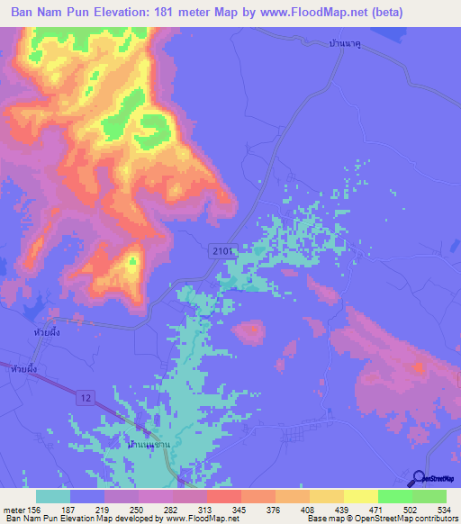 Ban Nam Pun,Thailand Elevation Map