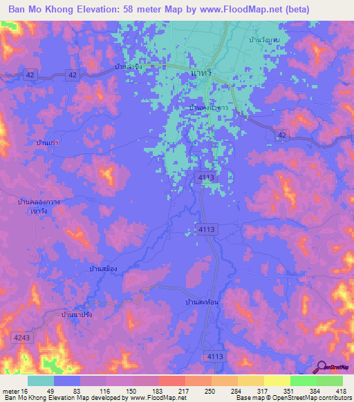 Ban Mo Khong,Thailand Elevation Map