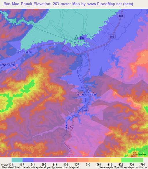 Ban Mae Phuak,Thailand Elevation Map