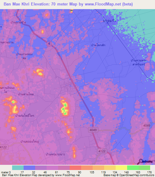 Ban Mae Khri,Thailand Elevation Map