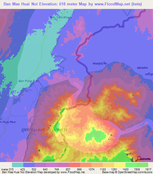 Ban Mae Huai Noi,Thailand Elevation Map