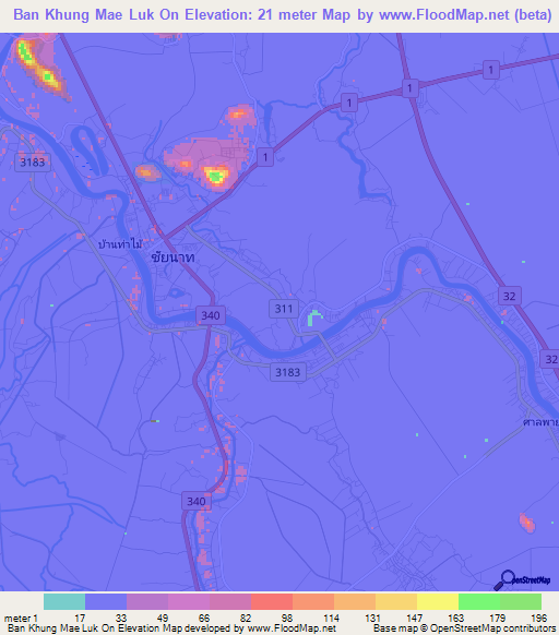 Ban Khung Mae Luk On,Thailand Elevation Map