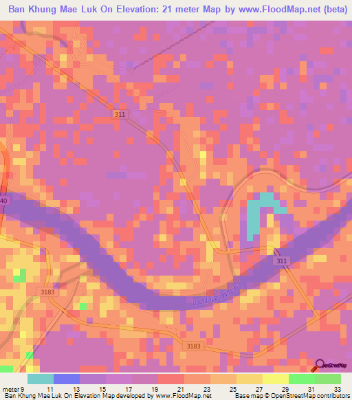 Ban Khung Mae Luk On,Thailand Elevation Map