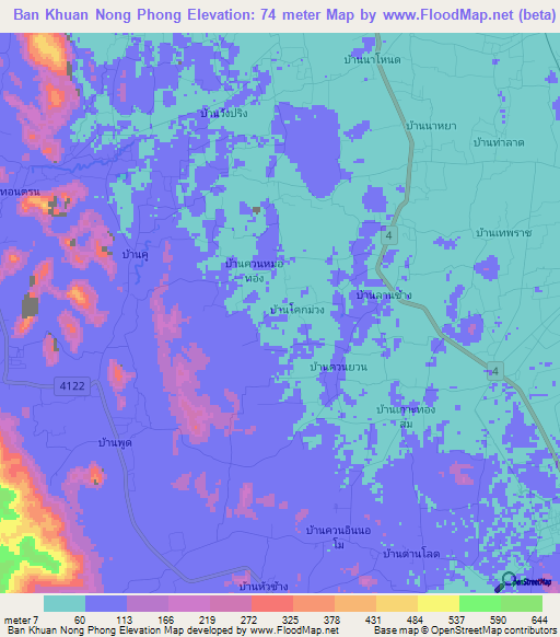 Ban Khuan Nong Phong,Thailand Elevation Map