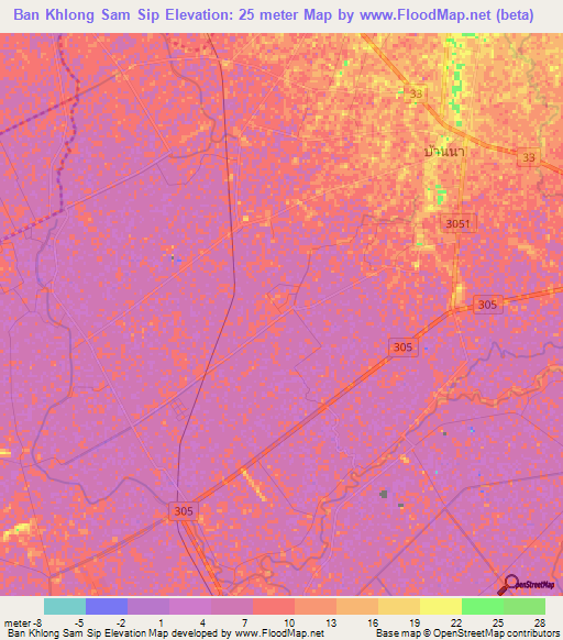 Ban Khlong Sam Sip,Thailand Elevation Map