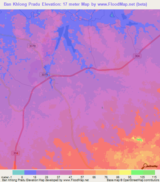 Ban Khlong Pradu,Thailand Elevation Map