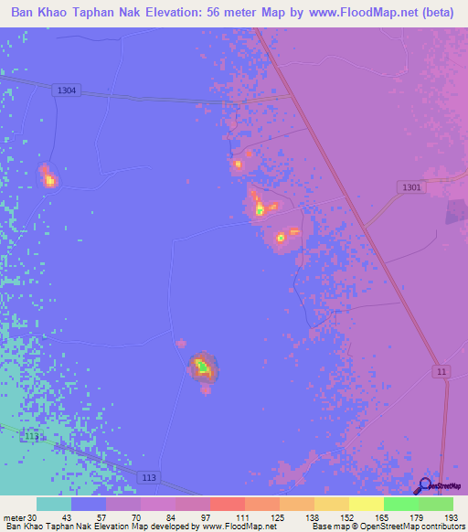 Ban Khao Taphan Nak,Thailand Elevation Map