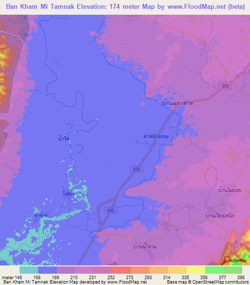 Ban Kham Mi Tamnak,Thailand Elevation Map