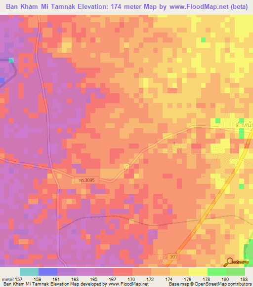 Ban Kham Mi Tamnak,Thailand Elevation Map