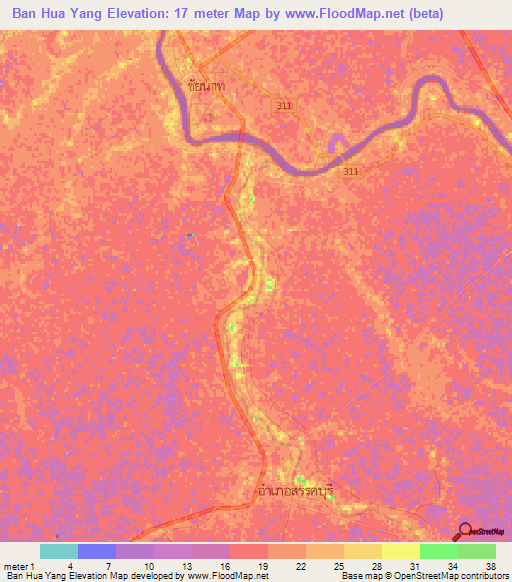 Ban Hua Yang,Thailand Elevation Map