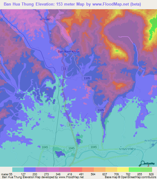 Ban Hua Thung,Thailand Elevation Map