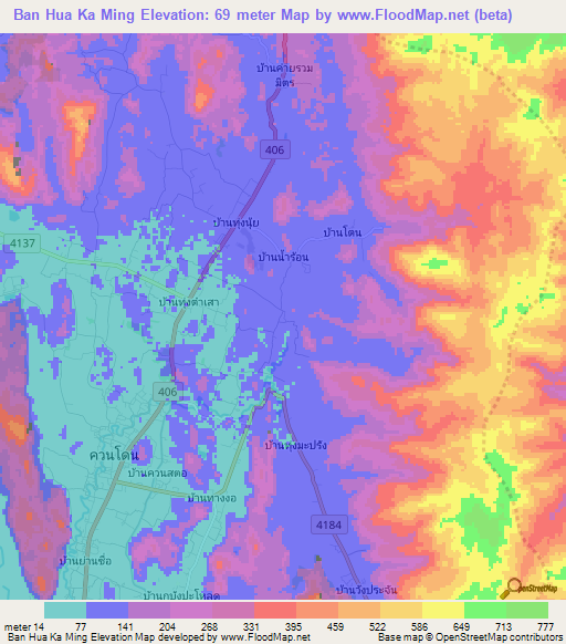 Ban Hua Ka Ming,Thailand Elevation Map