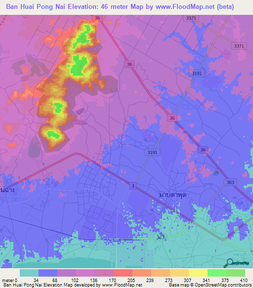 Ban Huai Pong Nai,Thailand Elevation Map