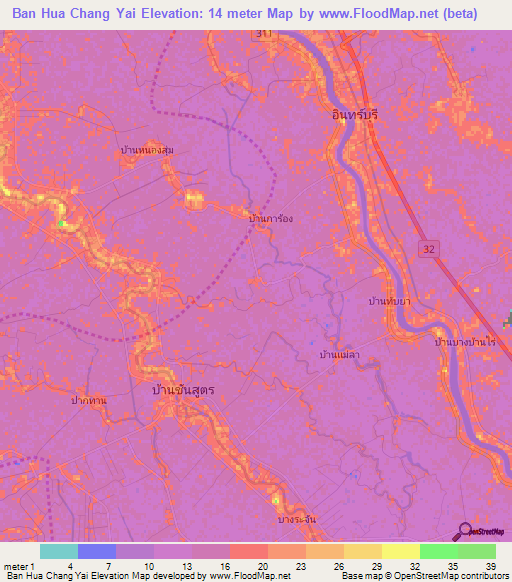 Ban Hua Chang Yai,Thailand Elevation Map