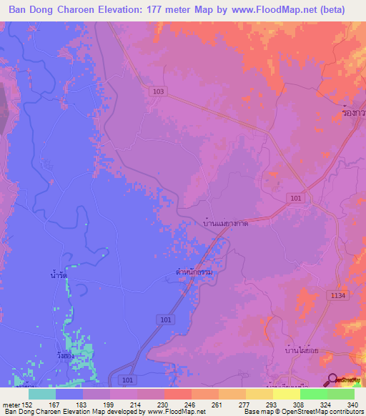 Ban Dong Charoen,Thailand Elevation Map