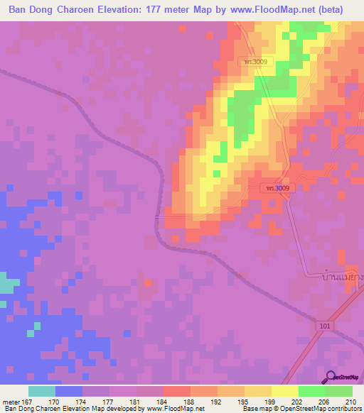 Ban Dong Charoen,Thailand Elevation Map
