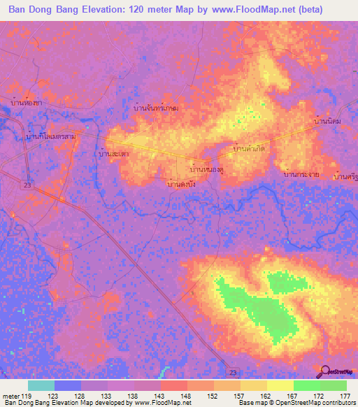 Ban Dong Bang,Thailand Elevation Map