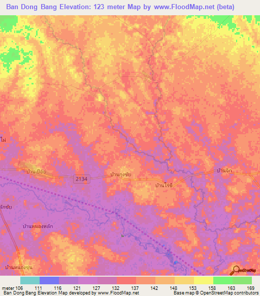 Ban Dong Bang,Thailand Elevation Map