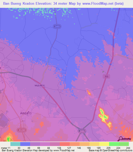 Ban Bueng Kradon,Thailand Elevation Map