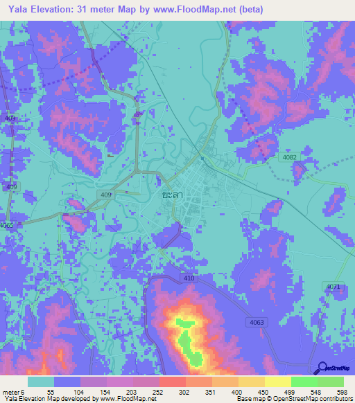 Yala,Thailand Elevation Map