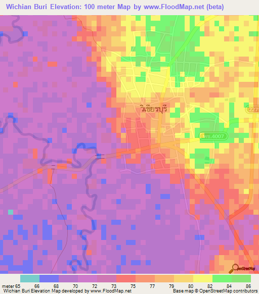 Wichian Buri,Thailand Elevation Map