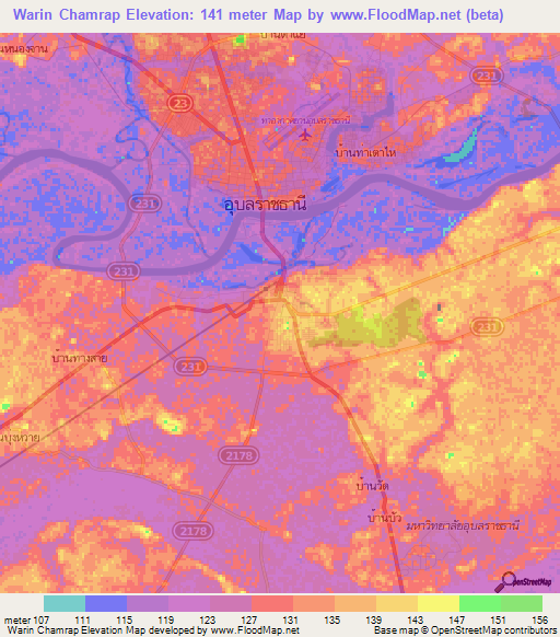 Warin Chamrap,Thailand Elevation Map