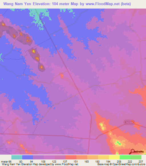 Wang Nam Yen,Thailand Elevation Map