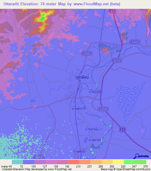 Uttaradit,Thailand Elevation Map